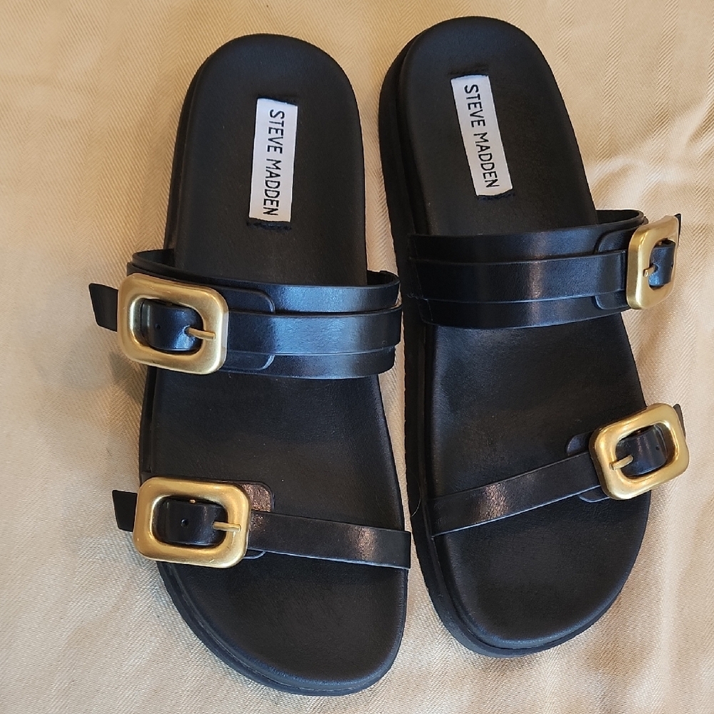 Steve Madden Black Sandals with Gold Buckles